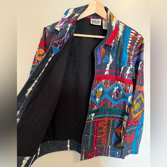 Chicos Design Vintage Embroidered Artsy Silk Patchwork Denim Jacket - Picture 9 of 11